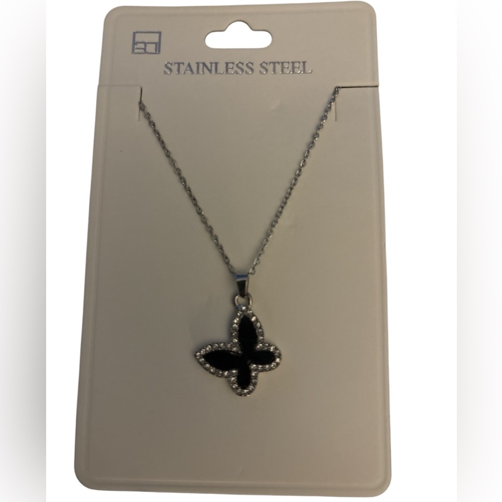 NWT - Stainless Steel Black Butterfly Pendant Necklace. Silvertone.
